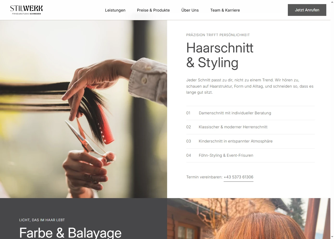 Screenshot von Website Stilwerk Tirol mit Bild von Haarschnitt