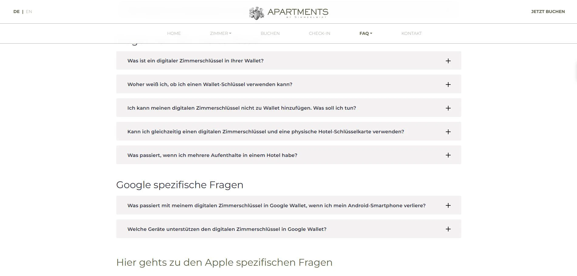 Screenshot der FAQ der Website Simmerlwirt Apartments