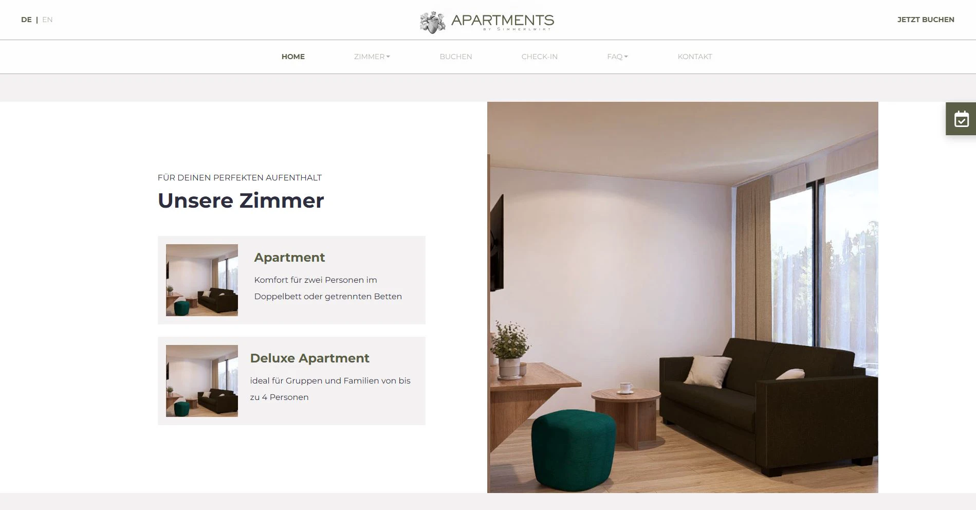 Screenshot des Zimmerbereichs der Website Simmerlwirt Apartments