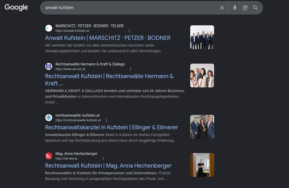 Platz 1 auf Google für den Suchbegriff Anwalt Kufstein